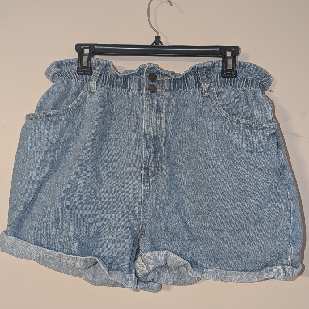 Plaid And Plain Blue Cotton Jean Shorts for Women